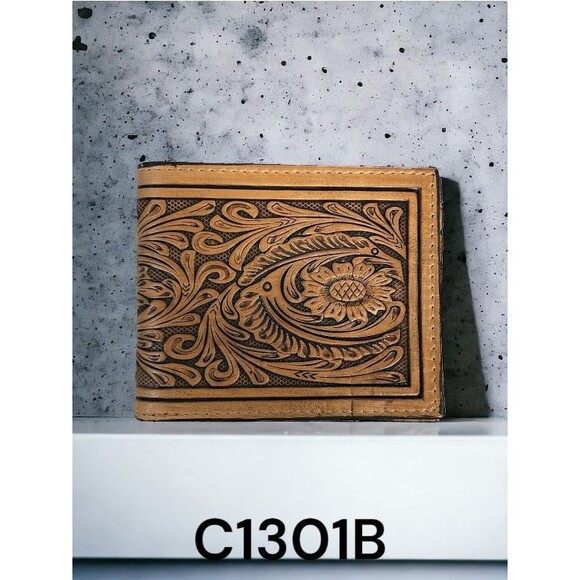 Mens Tan Leather Bi-fold Wallet Floral Tooled by Ranger Belt Company C1301B - Picture 1 of 9